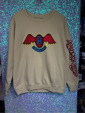 Aerosmith Beige Red Blue Yellow Embroidered Logo Crewneck Sweatshirt